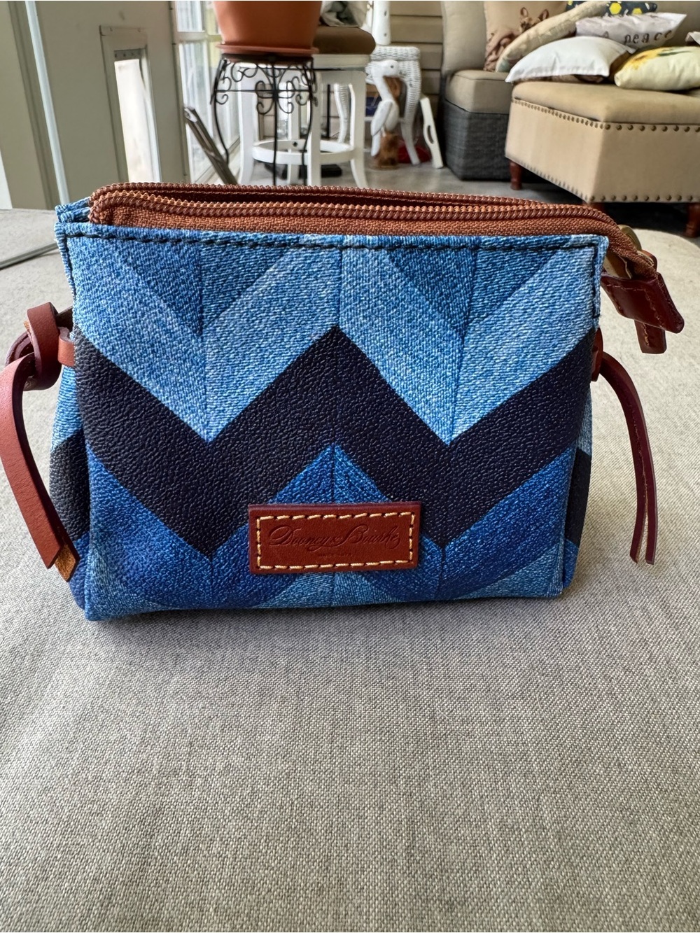 Dooney & Bourke Blue Chevron Cosmetic Case with Brown Trim